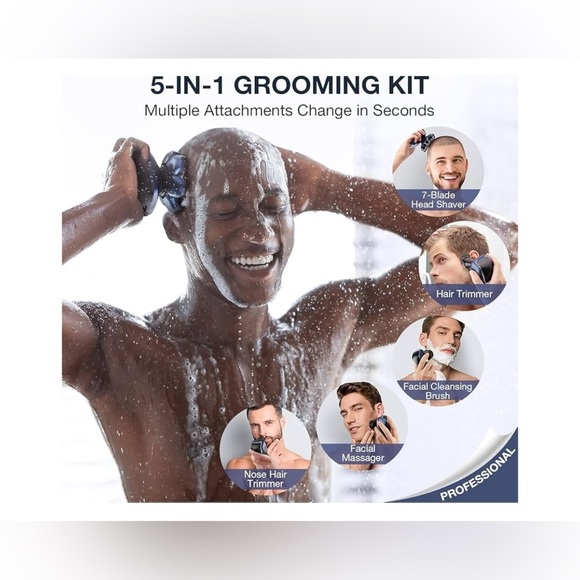 Head Shaver 7D/Razor w/ Nose Hair Trimmer Waterproof Wet Dry Mens Grooming Blue - Picture 4 of 7